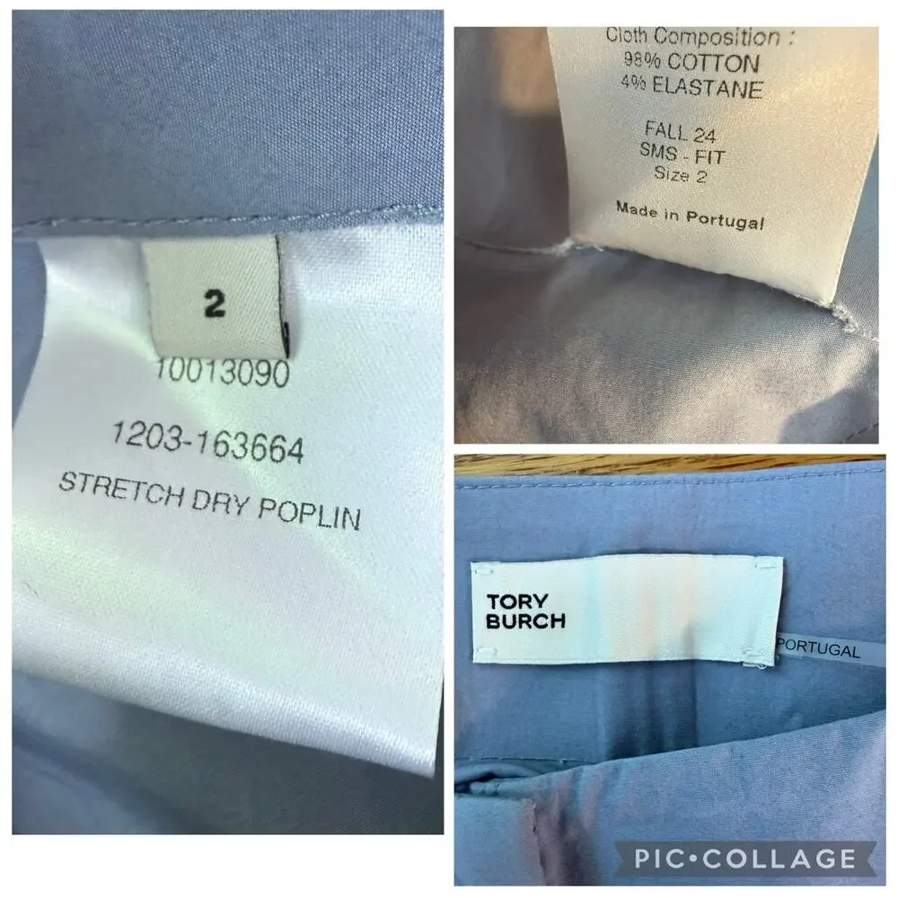 Tory Burch Light Blue Wide Leg Trouser Pants Size 2 Stretch Cotton Poplin Office